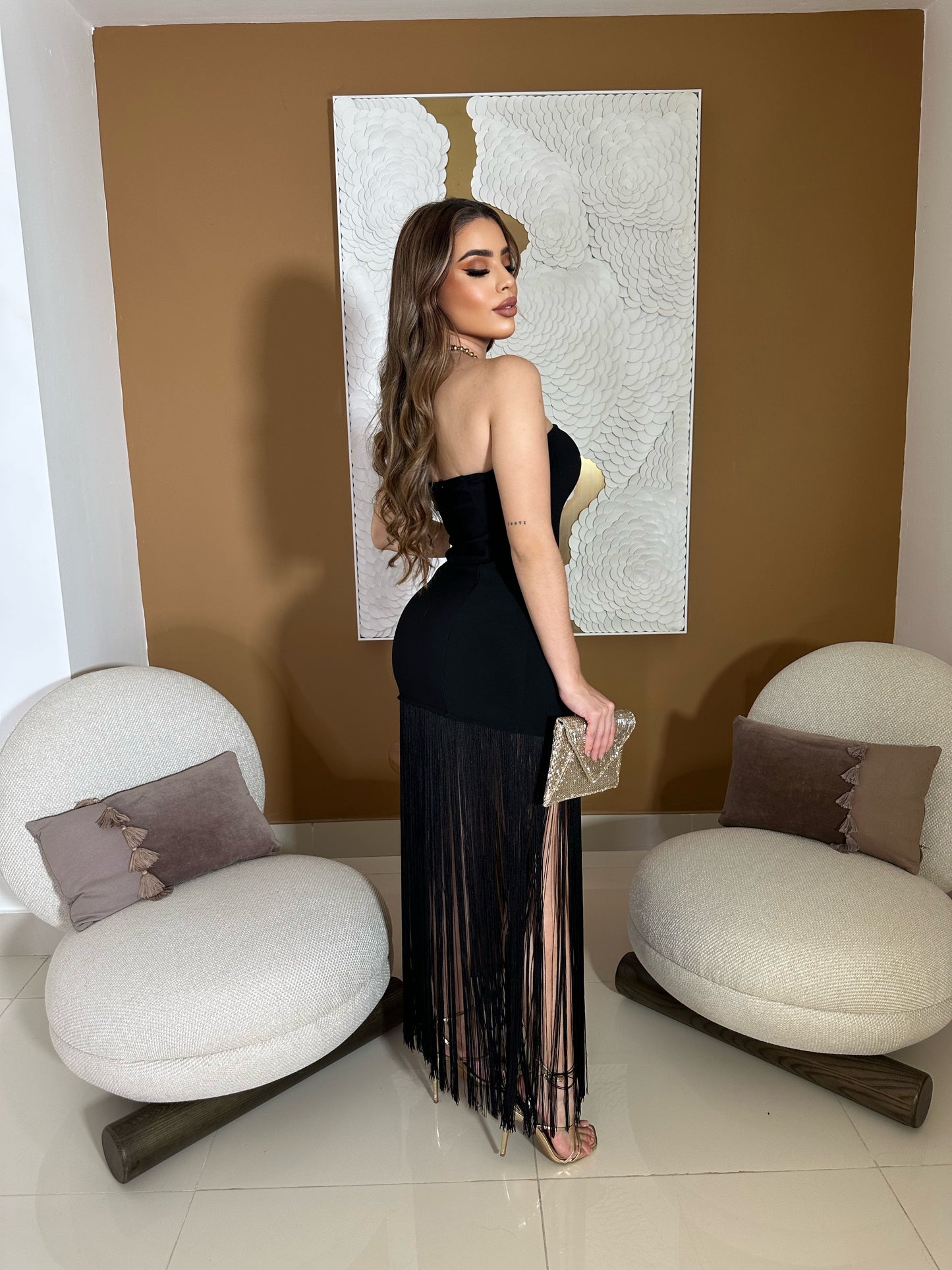 Strapple fringe black dress