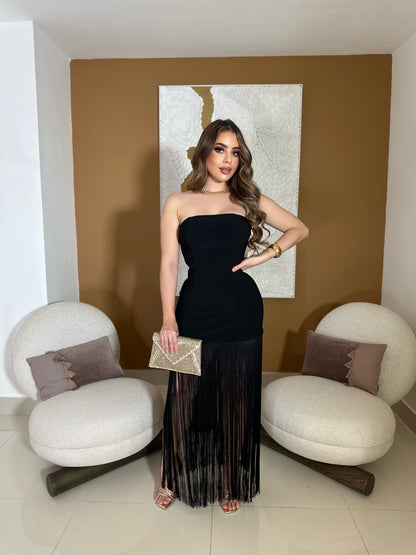 Strapple fringe black dress